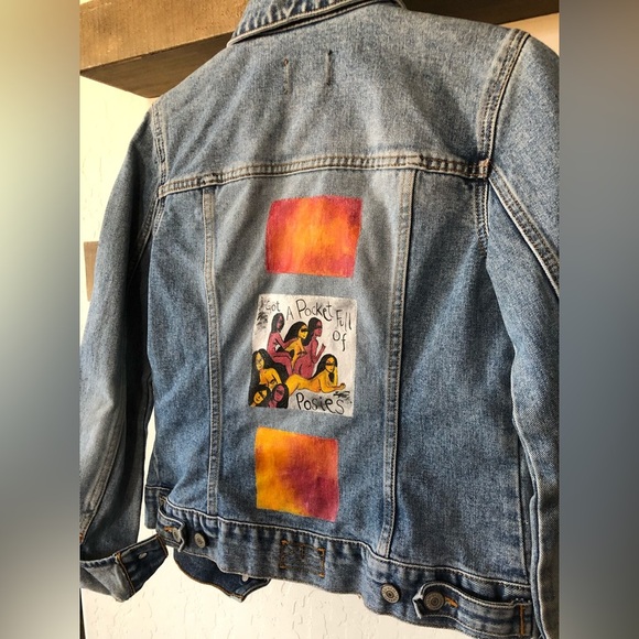 The Limited Denim|Customized Jean jacket, “pocket full of posies” Art to wear - Picture 6 of 13